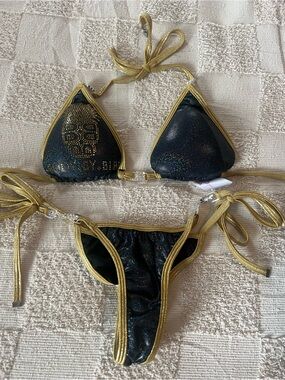 Gold-Trim Black Sparkle Triangle Bikini Set - Posing Suit